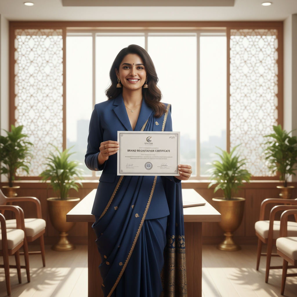 Indian businesswoman holding a brand registration certificate in a modern corporate office