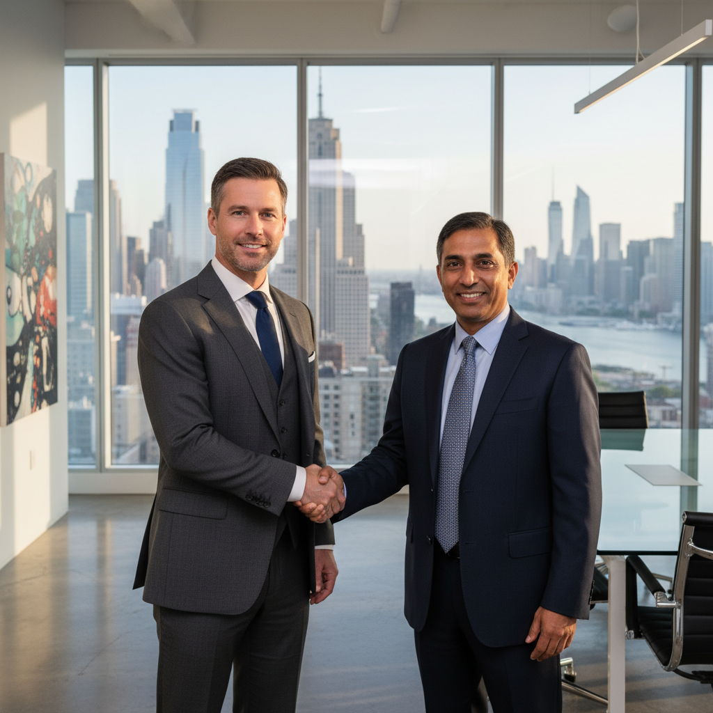 International and Indian business professionals shaking hands in a modern glass office